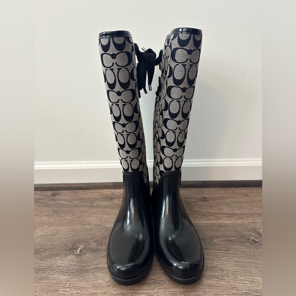 Coach Black & Grey Signature Logo Knee-High Boots - Picture 4 of 13